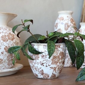 Ghiveci decorativ alb din ceramică pictată manual, cu motiv floral, 11x10,5 cm, „Grenoble"