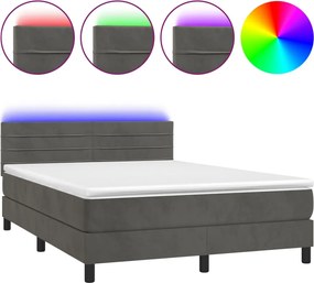 vidaXL Pat cu arcuri, saltea și LED, gri închis, 140x190 cm, catifea