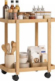 HOMCOM Cărucior de bucătărie din bambus 2 niveluri Cărucior auxiliar pentru bucătărie cu roți 2 rafturi 54x36,5x60 cm Natural | Aosom Romania