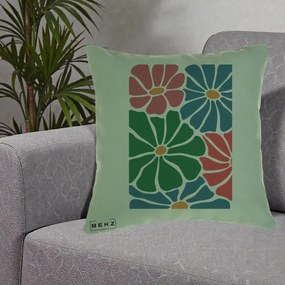 Perna Decorativa Flori Grafice Verde-Roz-Albastru, 40x40 cm, Verde, Husa Detasabila, Perna Inclusa, BEKZ®