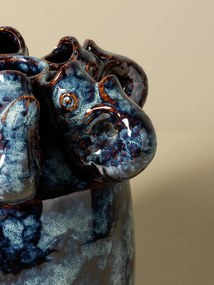 Vază din ceramică artizanală cu pești sculptați în relief, formă cilindrică cu coroană decorativă, albastru marmorat, finisaj lucios, 15×17 cm,