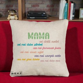 Cadou pentru Mama - Perna Personalizata Mama Cel Dintai Cuvant cu Text Colorat Multicolor, 40x40 cm, Bej Canapea, Husa Detasabila, Perna Inclusa, BEKZ®