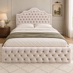 Pat tapițat Chesterfield din catifea Imperio Deluxe 140×200 cm, crem, cu ladă de depozitare