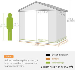 Outsunny Casa de grădină cu fereastră de ventilație, plastic și metal, 240 x 190 x 180/228 cm, Gri | Aosom Romania