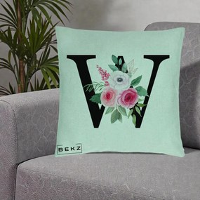 Cadou Personalizat - Perna Personalizata Monograma Florala Litera W cu Trandafiri si Anemona, 40x40 cm, Verde Menta, Husa Detasabila, Perna Inclusa, BEKZ®