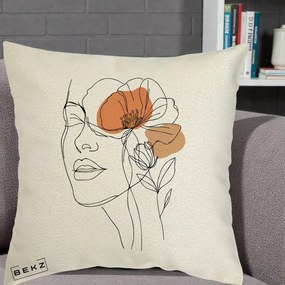 Perna Decorativa Portret Feminin Mac Profilat, 40x40 cm, Ecru, Husa Detasabila, Perna Inclusa, BEKZ®