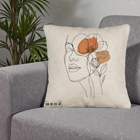 Perna Decorativa Portret Feminin Mac Profilat, 40x40 cm, Bej Canapea, Husa Detasabila, Perna Inclusa, BEKZ®