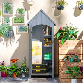Outsunny Căsuță pentru Unelte din Lemn cu 3 Rafturi cu Acoperiș Impermeabil din Bitum, 77.5x54.2x179.5 cm, Gri | Aosom Romania