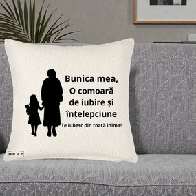 Cadou pentru Bunica - Perna Personalizata Bunica Mea Comoara Iubire Intelepciune Silueta, 40x40 cm, Crem Reliefat, Husa Detasabila, Perna Inclusa, BEKZ®