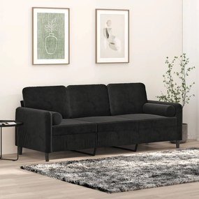 Canapea cu 3 locuri cu pernute, negru, 180 cm, catifea