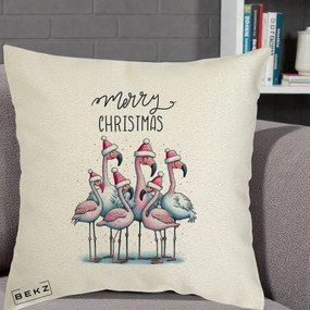 Perna Decorativa Flamingo Merry Christmas, 40x40 cm, Ecru, Husa Detasabila, Perna Inclusa, BEKZ®
