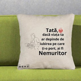 Cadou pentru Tata - Perna Personalizata Tata Nemuritor Lectura, 40x40 cm, Bej Canapea, Husa Detasabila, Perna Inclusa, BEKZ®