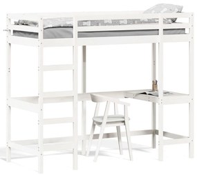 Cadru pat supraetajat cu birou, alb, 80x200 cm, lemn masiv pin