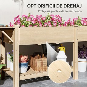 Outsunny Strat Înălțat de Grădină cu Masă Laterală, Raft Inferior și  Orificii de Drenaj, 207x59x78 cm, Lemn Natural | Aosom Romania