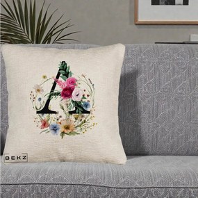 Cadou Personalizat - Perna Personalizata Monogram Litera A cu Flori Acuarela, 40x40 cm, Bej Canapea, Husa Detasabila, Perna Inclusa, BEKZ®