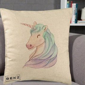 Perna Decorativa Unicorn Acuarela Pastel, 40x40 cm, Bej, Husa Detasabila, Perna Inclusa, BEKZ®
