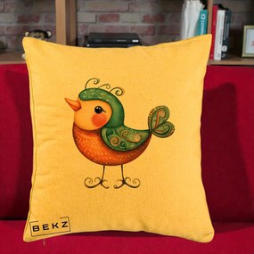 Perna Decorativa Pasare Ornamentala Folk Art, 40x40 cm, Galben, Husa Detasabila, Perna Inclusa, BEKZ®