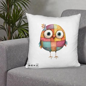 Perna Decorativa Pasare Patchwork Colorata, 40x40 cm, Alb Pufos, Husa Detasabila, Perna Inclusa, BEKZ®