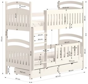 Pat supraetajat din lemn Amely - Culoare Alb, dimensiune 80x180