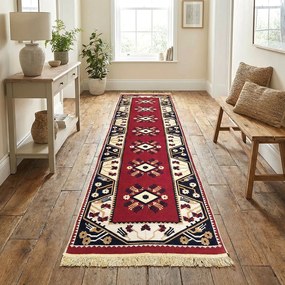 Traversa hol tesuta traditional, 80x300 cm, 2 fete, model etnic, rosu