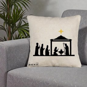 Perna Decorativa Nasterea Pruncului Silueta Neagra si Stea Aurie, 40x40 cm, Bej Canapea, Husa Detasabila, Perna Inclusa, BEKZ®