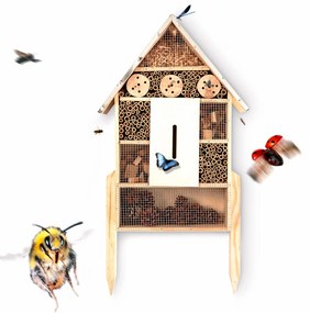 Căsuță pentru insecte, acoperiș din tablă, inclusiv piciorușe. locuibil pe tot parcursul anului, lemn de pin