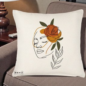 Perna Decorativa Portret Feminin Trandafir Ruginiu, 40x40 cm, Crem Reliefat, Husa Detasabila, Perna Inclusa, BEKZ®