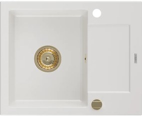 Mexen Enzo chiuvetă din granit cu 1 compartiment cu picurător 576 x 465 mm, Albă, sifon Auriu - 6506571005-20-G
