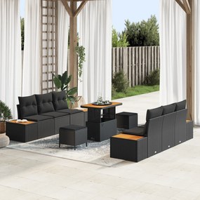 Set de canapea de grădină vidaXL cu 9 piese cu perne Negru Ratan Poli Acacia