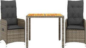 vidaXL Set bistro de grădină cu perne, 3 piese, gri, poliratan