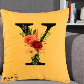 Cadou Personalizat - Perna Personalizata Monograma Florala Litera Y cu Buchet, 40x40 cm, Galben, Husa Detasabila, Perna Inclusa, BEKZ®