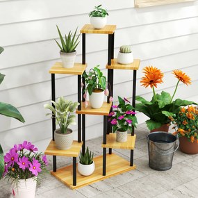 Outsunny Suport pentru plante cu 7 niveluri pentru interior și exterior, stand plante din oțel și lemn, lemn natural | Aosom Romania