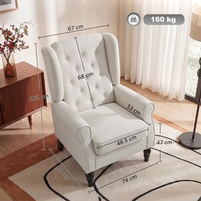 HOMCOM Scaun Decorativ Capitonat cu Spatar Inalt, Cotiere Rotunjite Captusite și Sezut cu Captuseala Groasa, Alb Crem | Aosom Romania