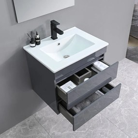 Mobilier de baie Cube, chiuvetă ceramică 60 cm, oglindă cu 2 sertare, 60x80 cm, gri antracit