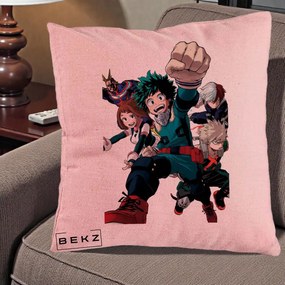 Perna Personalizata My Hero Academia Izuku Deku si Echipa, 40x40 cm, Roz, Husa Detasabila, Perna Inclusa, BEKZ®