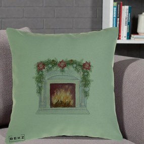 Perna Decorativa Semineu de Craciun Watercolor, 40x40 cm, Verde, Husa Detasabila, Perna Inclusa, BEKZ®
