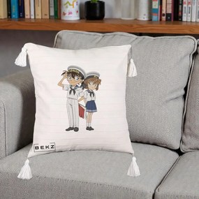 Perna Personalizata Detective Conan Conan si Ai Sailor, 40x40 cm, Bej cu Franjuri, Husa Detasabila, Perna Inclusa, BEKZ®