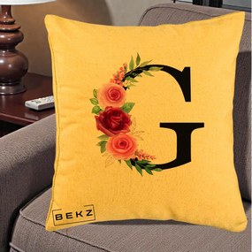 Cadou Personalizat - Perna Personalizata Monograma Florala Litera G, 40x40 cm, Galben, Husa Detasabila, Perna Inclusa, BEKZ®