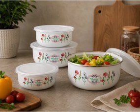 Set de 5 vase emailate cu capac pentru alimente Rosberg R51212A, Rotunde, Albe