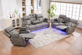 Set canapele dumonde 3+2+1, reclinere electrice, incarcare wireless, USB-C, suport pahare incalzite, lumini LED Selvar