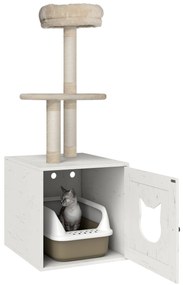 PawHut Cătănel cu casă de toaletă, turn de joacă 2-în-1 de 129 cm cu ascundere litieră, stâlpi pentru zgâriat, crem | Aosom Romania
