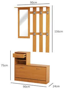 Mobilier Garderoba HOMCOM Dulap Pantofi Reglabil cu Oglinda si Cuier 6 carlige pentru Hol si Dormitor 90x22x116cm Lemn | Aosom Romania