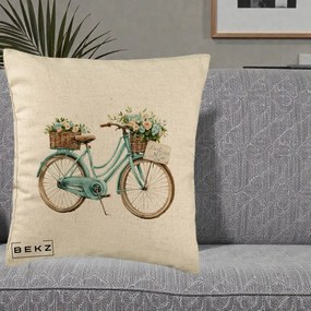 Perna Decorativa Bicicleta Teal cu Cosuri Duble de Flori Vintage, 40x40 cm, Bej, Husa Detasabila, Perna Inclusa, BEKZ®