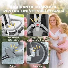 AIYAPLAY Tricicletă Copii 6 în 1, Cărucior și Bicicletă, 1-5 Ani, Max. 25 kg, Pliabilă cu Scaun Rotativ, Copertină, Gri | Aosom Romania