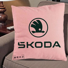 Perna Personalizata cu emblema Skoda, 40x40 cm, Roz, Husa Detasabila, Perna Inclusa, BEKZ®
