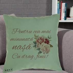 Cadou pentru Nasa - Perna Personalizata Pentru Cea mai Minunata Nasa Cu drag Finii, 40x40 cm, Verde, Husa Detasabila, Perna Inclusa, BEKZ®