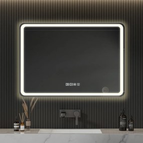 Oglindă baie, Multifuncțională, Iluminare LED Touch, Sistem Dezaburire, Ceas electronic încorporat, Indicator Temperatura, 100x70 cm