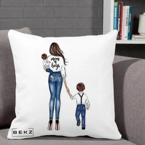 Cadou pentru Mama - Perna Personalizata Mom of Boys Mama cu Baietii, 40x40 cm, Alba Mata, Husa Detasabila, Perna Inclusa, BEKZ®