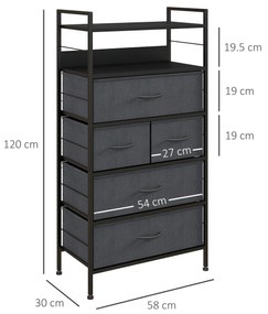 HOMCOM Comodă Textilă cu 5 Sertare Netesute și 2 Rafturi, Cadru din Oțel, pentru Living, Negru | Aosom Romania