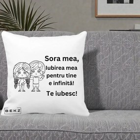 Cadou pentru Sora - Perna Personalizata Sora Mea Te Iubesc Copii Anime Line Art, 40x40 cm, Alba Mata, Husa Detasabila, Perna Inclusa, BEKZ®